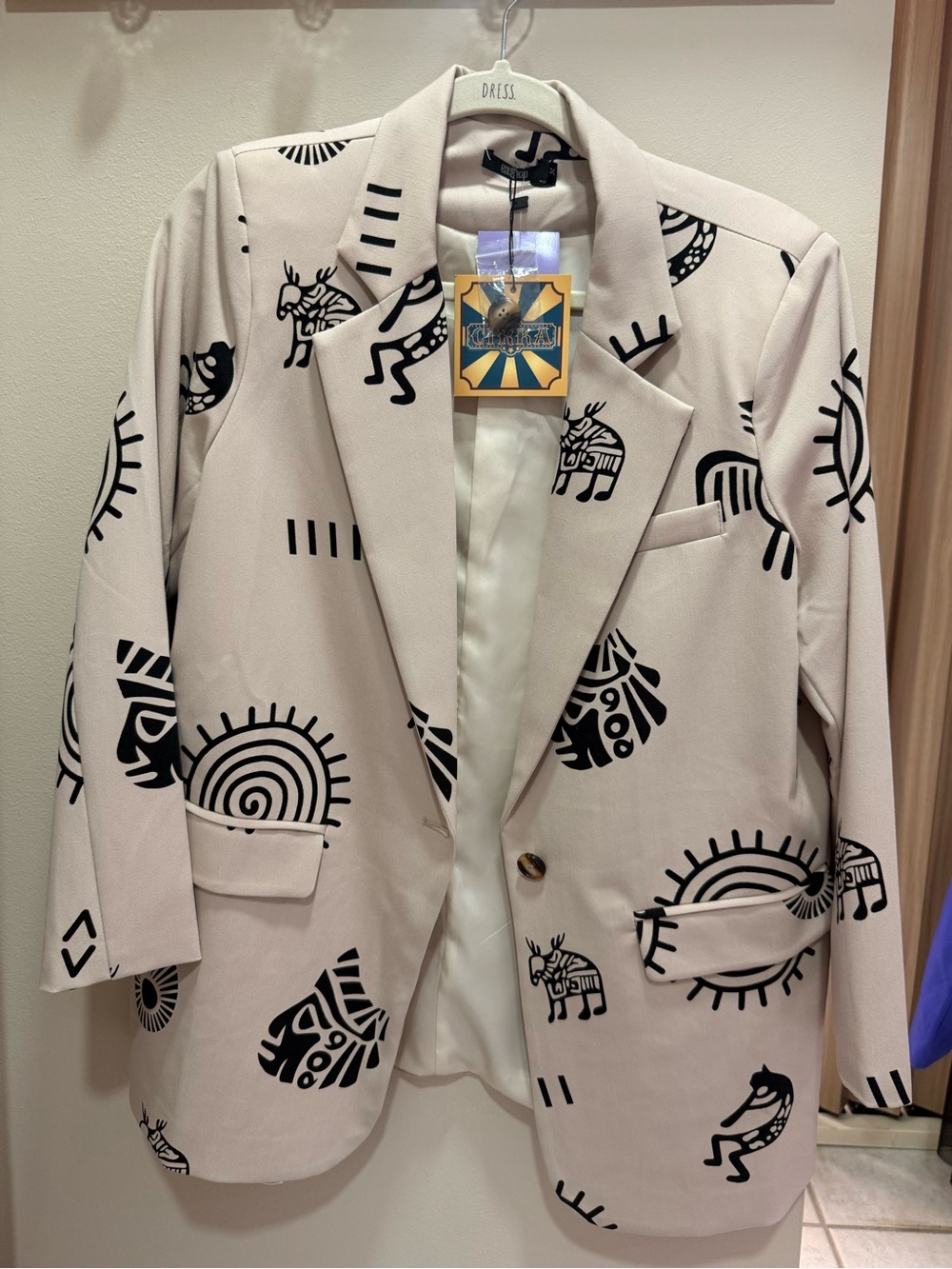 New* Boutique Cream Blazer with Black Tribal Print